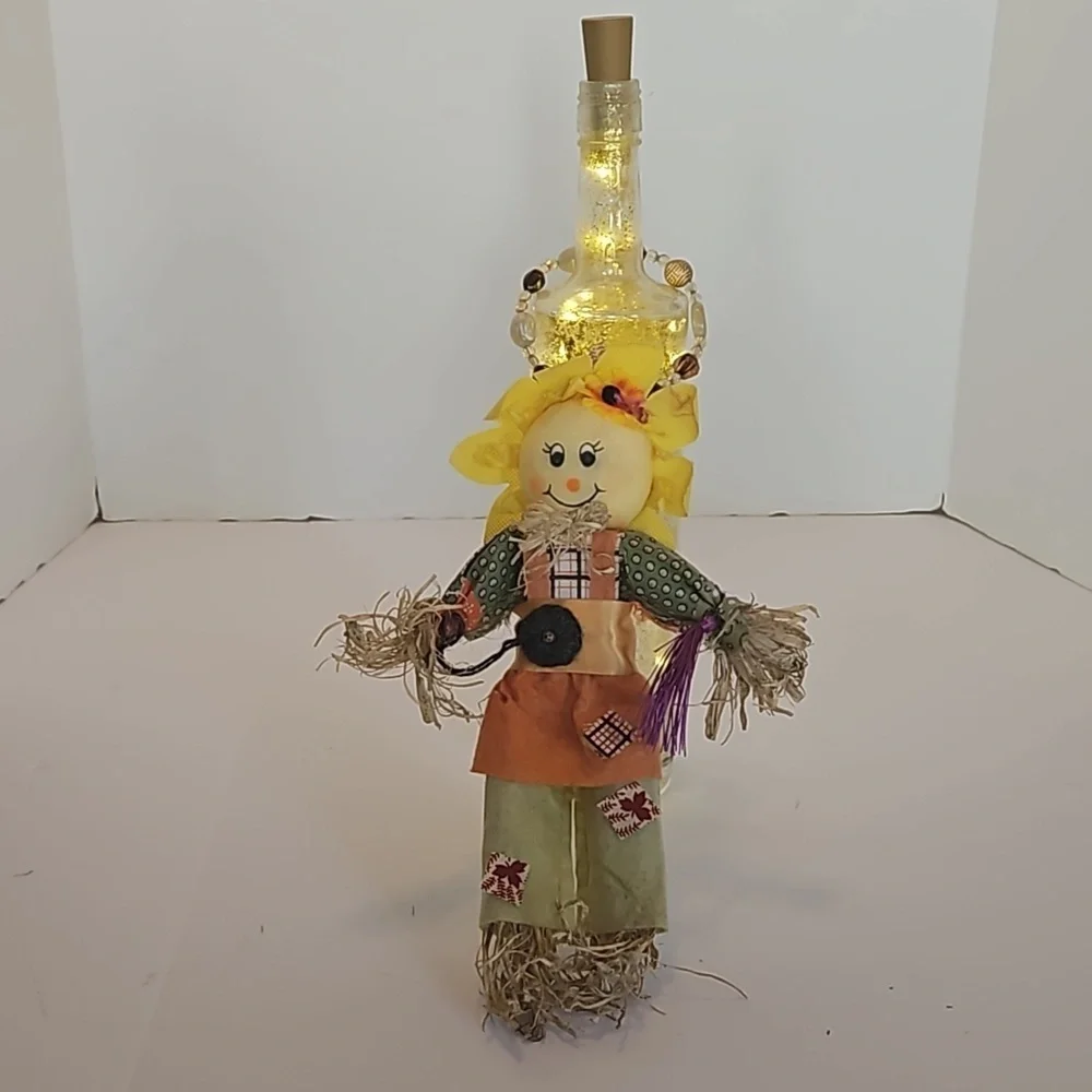 Hand Crafted Upcycled Fall Bottle Art Floral Sunflower Scarecrow Lighgt- up